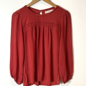 Loft Woman’s Red Orange Smocked Blouse Long Sleeves Soft Rayon Work Career XXSP